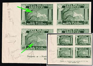 1945 45gr Barletta - Trani, Polish II Corps in Italy, Poland, DP Camp, Displaced Persons Camp, Block of Four, White Vertical Line through Two Stamps, Corner Margins, Sheet Inscription, Chalky Paper
