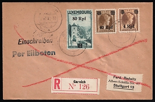 1941 (11 Feb) Luxembourg, German Occupation, Germany, Registered Cover from Garnich (Luxembourg) to Stuttgart (Germany) franked with 4rpf, 40rpf, 80rpf