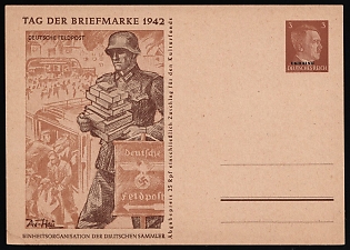 1942 3pf 'Postage Stamp Day 1942. German Fieldpost', Ukraine, German Occupation, Germany, Fieldpost Feldpost Postal Stationery Postcard, Third Reich Nazi Germany Propaganda
