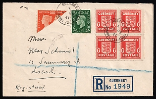1941 (21 Feb) Guernsey, German Occupation, Germany, Registered Cover locally addressed in Guernsey, franked with Mixed franking of Guernsey Bisect 2p, Block of Four 1p and Great Britain 0.5p
