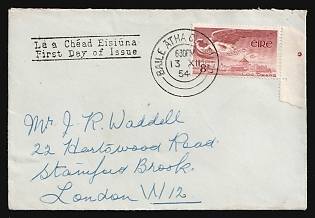 1954 (13 Dec) Ireland, Airmail, First Day Cover from Dublin (Ireland) to London (England) franked with 8 pg