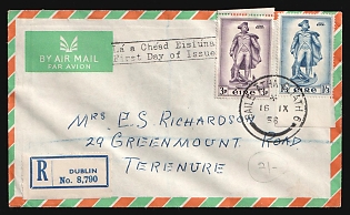 1956 (16 Sep) Ireland, Registered, Airmail, First Day Cover from Dublin (Ireland) locally addressed, franked with First Day of Issue Complete Set 3pg - 1`3 S`pg