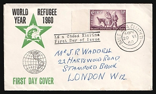 1960 (20 Jun) Ireland, Commemorative First Day Cover dedicated to the “World Refugee Year”, from Dublin (Ireland) to London (England), franked with 3 pg