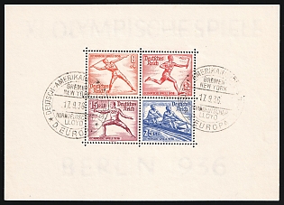 1936 (17 Sep) 'German - American Sea Post. Bremen - New York. Steamship 'Europe'. Norddeutscher Lloyd', Third Reich, Germany, Souvenir Sheet, Commemorative Postmarks