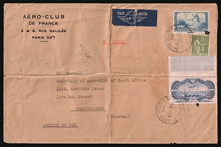 1938 (5 March) France, Airmail, Commercial Cover ‘Aéro-Club de France’, from Paris (France) to Johannesburg (South Africa), franked with 75c, 50 fr, 2 fr