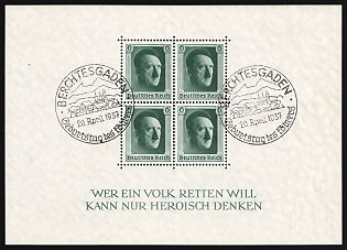 1937 (20 Apr) 'Berchtesgaden - The Fuhrer's Birthday, 20 April 1937', Third Reich, Germany, Souvenir Sheet, Commemorative Postmarks