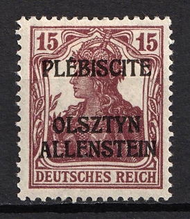 1920 15pf Joining of Olsztyn, Germany, Overprint 'Allenstein' does not Overlap the Inscription 'DEUTSCHES REICH'