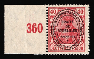 1920 40pf Joining of Olsztyn, Germany, Unissued Stamp, Certificate, Margin, Plate Number '360', Signed