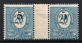 1920 5pf on 20pf Joining of Upper Silesia, Germany, Gutter Pair, Shifted Perforation