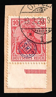 1920 10pf on piece, Joining of Upper Silesia, Germany, French Occupation, Margin, Red Control Strip, Signed, Certificate