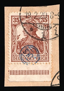1920 35pf on piece, Joining of Upper Silesia, Germany, French Occupation, Margin, Brown Control Strip, Signed, Certificate