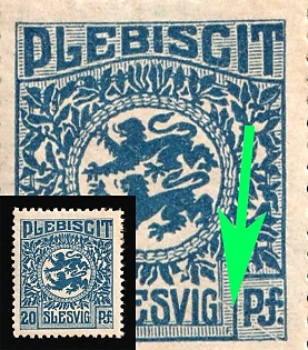 1920 20pf Joining of Schleswig, Germany, Line from the 'G' of 'SLESVIG'