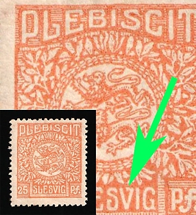 1920 25pf Joining of Schleswig, Germany, 'V' in 'SLESVIG' with a Dot