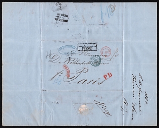 1862 (12 Jun) 'Samuel Antony Frenkel' Pre-Ahdesive Period, Russian Empire Commercial Banking Stampless Cover from Warsaw via Breslau, Berlin and Valenciennes to Paris (France), Blue Oval Handstamp, Railway Stamp