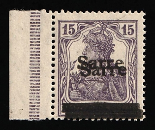 1920 15pf Saar, Germany, Margin, Violet Control Strip, Double Overprint, Certificate, Signed