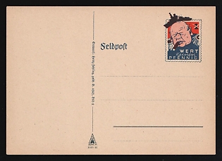 1940-45 'Value - Not a Single Pfennig', Third Reich, Germany, Field Post Feldpost Postcard with Caricature of Churchill, Design by Heinz Fehling, Anti-British Propaganda