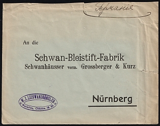 1913 (13 Nov) 'Schwan Pencil Factory' Russian Empire, Russia, Commercial Censored Cover from Warsaw to Nuremberg (Germany), franked with 3k and 7k Romanovs, Blue Oval Handstamp