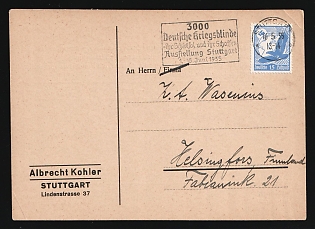 1935 (16 May) 'German War Blinded - Their Fate and Their Work. Exhibition in Stuttgart 1-15 June 1935', Third Reich, Germany, Airmail Postcard with order form from Stuttgart to Helsinki (Finland), with Black Rectangular Advertising Handstamp