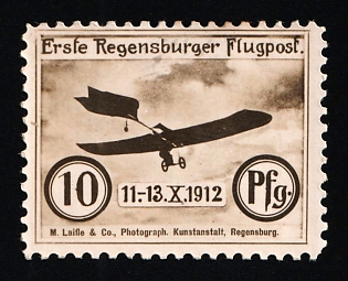 1912 10pf 'First Regensburg Airmail', German Empire, Germany, Semi-Official Airmail Stamp, Certificates
