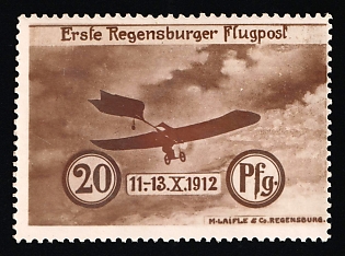 1912 20pf 'First Regensburg Airmail', German Empire, Germany, Semi-Official Airmail Stamp, Certificate