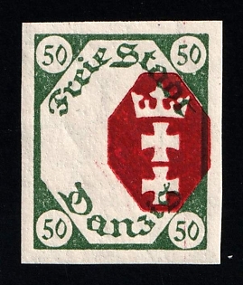 1921 50pf Danzig Gdansk, Germany, Imperforate, SHIFTED Center