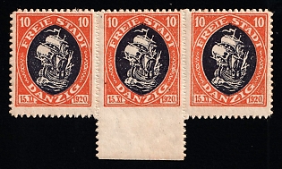 1921 10pf Danzig Gdansk, Germany, Strip, MISSING Perforation at the Bottom