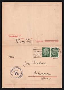 1941 (2 Nov) Third Reich, Germany, Postcard from Sachsenhausen Concentration Camp, Oranienburg (near Berlin) to Jilemnice (Bohemia and Moravia, now Czech Republic), shot prisoner Josef Technik '№ 14730 Block 25 D', with campaign rectangular Handstamp "Avoid Radio Interference", round blue Censorship Handstamp 'Postage Сensorship point of Sachsenhausen concentration camp' franked with Pair, 2 x 6pf