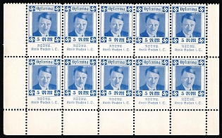 1920-1945 'Adolf Hitler, NSDAP. Buchen District i. D', Nazi Party Donation Samps Block of 10, Nazi Germany Third Reich Propaganda Label Stamp
