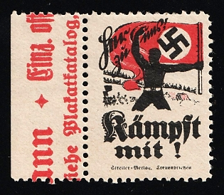 1920-1945 'Join the Fight!', Swastika, Nazi Germany Third Reich Propaganda Label Stamp