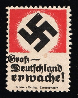 1920-1945 'Greater Germany, Awake!', Swastika, Nazi Germany Third Reich Propaganda Label Stamp