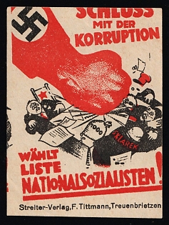 1920-1945 'End Corruption! Vote for the National Socialist List', Swastika, Nazi Germany Third Reich Propaganda Label Stamp