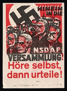 1920-1945 'Into the NSDAP Assembly! Listen for Yourself, then Judge!', Swastika, Nazi Germany Third Reich Propaganda Label Stamp