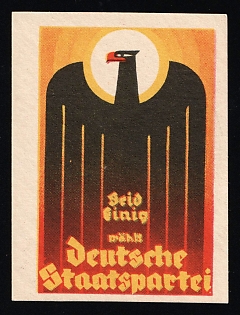 1920-1945 'Be United, German State Party', German Eagle, Nazi Germany Third Reich Propaganda Label Stamp