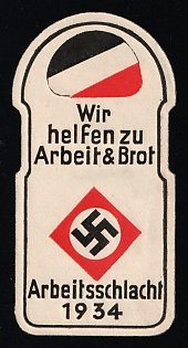 1934 'We Help with Work and Bread. Labor Battle 1934', Nazi Germany Third Reich Propaganda Label Stamp