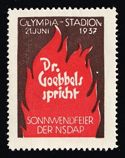 1937 'Olympia Stadium Dr. Goebbels Speaks Nsdap Summer Solstice Celebration', Nazi Germany Third Reich Propaganda Label Stamp