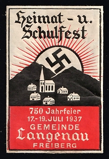 1937 'Local and School Festival. 750th Anniversary Celebration, July 17-19, 1937, Municipality of Langenau, Freiberg', Nazi Germany Third Reich Propaganda Label Stamp