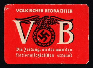 1920-1945 'Volkischer Beobachter the Newspaper by Which One Can Recognize a National Socialist', Nazi Germany Third Reich Propaganda Label Stamp