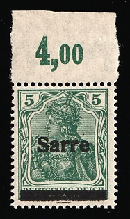 1920 5pf Saar, Germany, Type II, Margin Plate Number