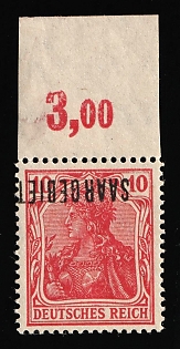 1920 10pf Saar, Germany, Signed, Margin Plate Number, INVERTED Overprint