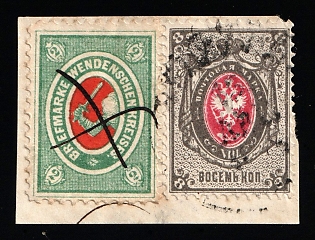 1875 2k Wenden, Livonia, with 8k Russian Empire, on piece, Pen Cancel