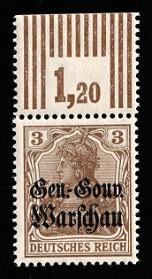 1916-17 3pf Poland, German Occupation, Germany, Margin, Plate Number