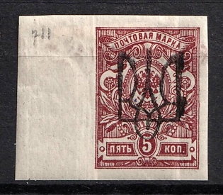 1918 5k Kiev (Kyiv) Type 2gg, Ukrainian Tridents, Ukraine, Black Overprint, Reprint, Margin