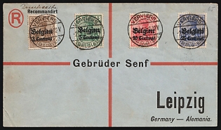 1914 (3 Dec) Belgium, German Occupation, Germany, Registered Commercial Philatelic Correspondence Cover from Verviers (Belgium) to Leipzig (Germany) to Famous Philatelic Dealers - Brothers Senf, franked with 3c, 5c, 10c, 25c