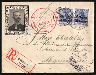 1914 (7 Dec) Belgium, German Occupation, Germany, Registered Censored Cover from Brussels (Belgium) to Mannheim (Germany), Red Handstamp franked with a pair of 25c