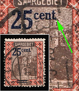 1921 25c Saar, Germany, A Dash after a 'cent' Instead of a Period