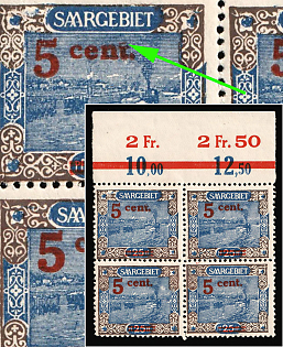 1921 5c Saar, Germany, Block of Four, Margin Plate Number, Broken Letter t in 'cent'