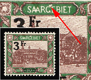 1921 3fr Saar, Germany, White Spot Above G