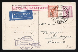 1933 (12 Aug) 'German - American Sea Post. Bremen - New York. Steamer 'Bremen', Third Reich, Germany, Catapult Airmail Postcard from Bremen to Hague (Netherlands) via Southampton (United Kingdom), via New York (United States) with pink rectangular Handstamp 'With an early flight to Southampton', purple Handstamp 'Сatapult flight 'Bremen - Southampton'', franked with 15pf, 50pf, Special Cancellations