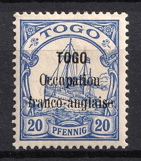 1914 20pf French Occupation of Togo, Kaiser’s Yacht, German Colonies, Germany, Signed