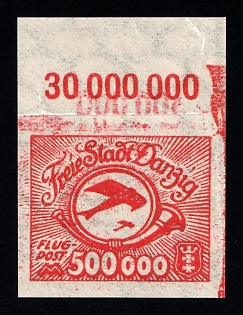 1923 500,000m Danzig Gdansk, Germany, Airmail, Margin, Plate Number, Imperforate, Signed